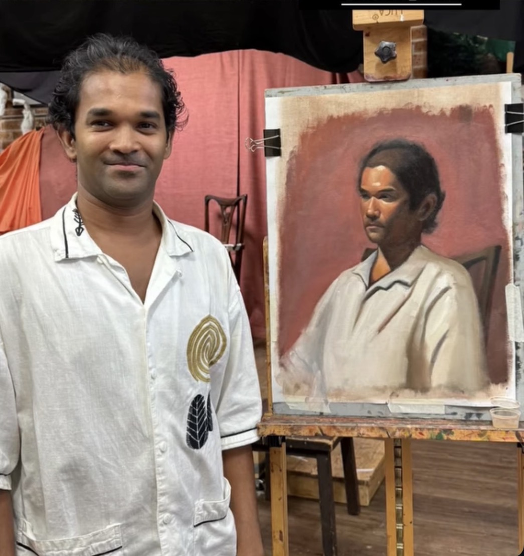 Portrait beside the Easel — live wedding painting for Live model portrait